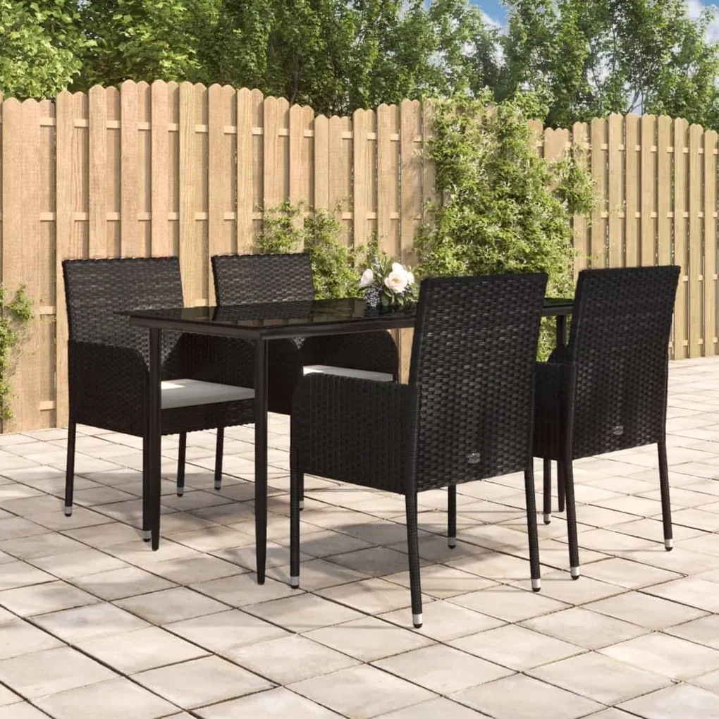 Set da pranzo da giardino 5 pz nero con cuscini in polyrattan