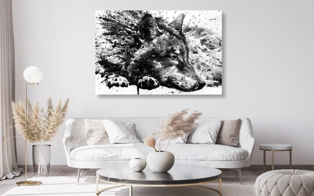 Quadro su tela – Lupo in acquerello in bianco e nero