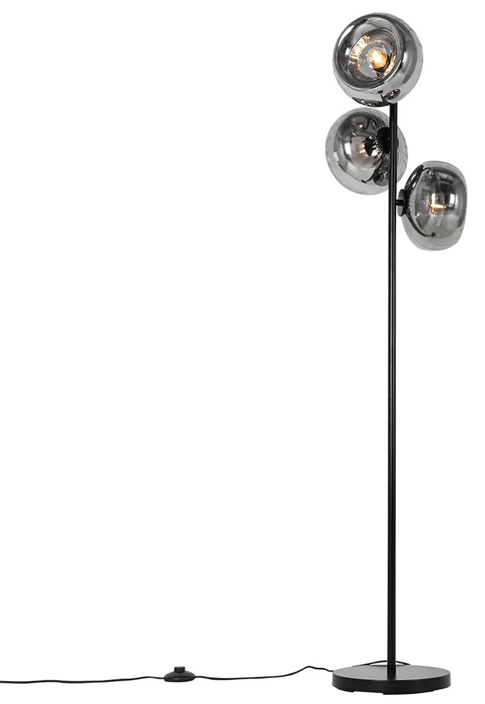 Lampada da terra Art Déco nera con vetro fumé 3 luci - Ayesha