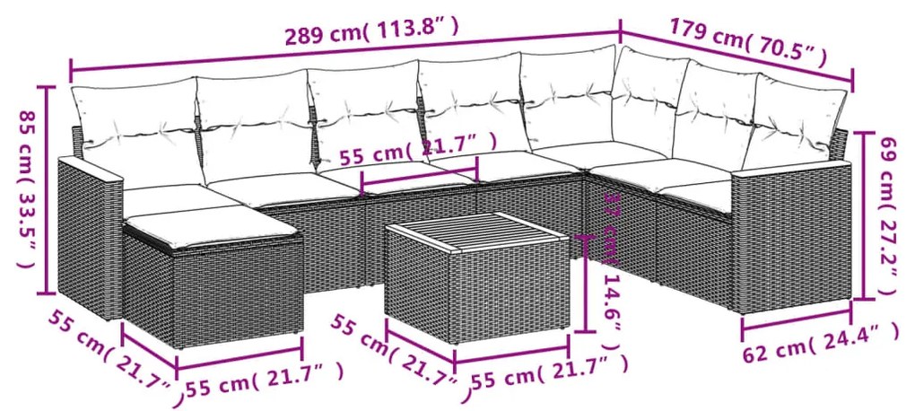 Set divani da giardino 9 pz con cuscini nero in polyrattan