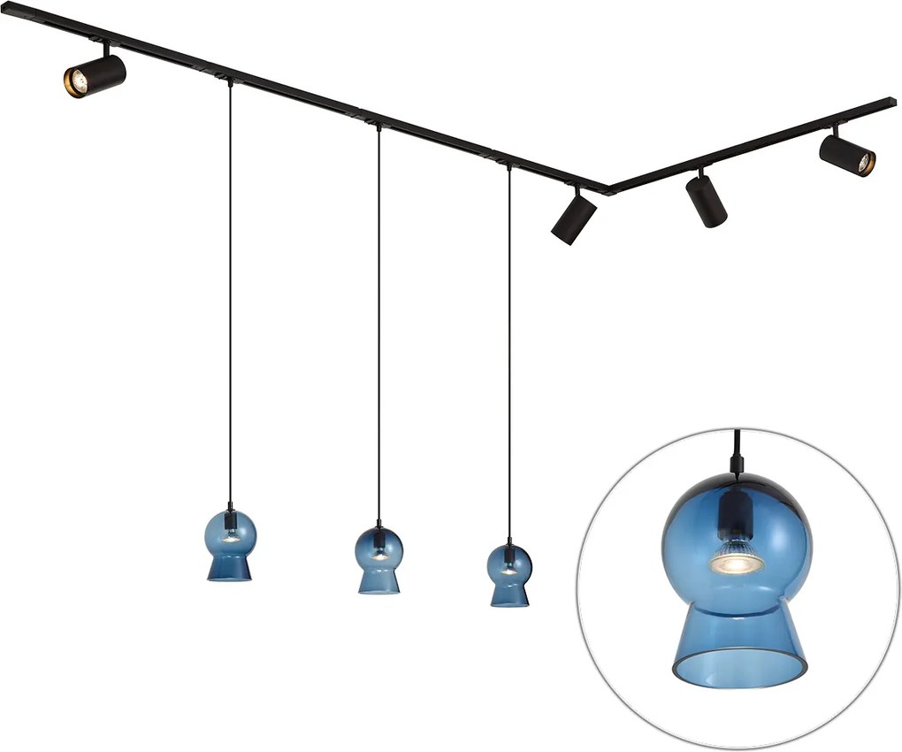 Sistema a binario moderno nero con 4 faretti e 3 lampade a sospensione blu monofase - Iconic Bell Jeana Luxe