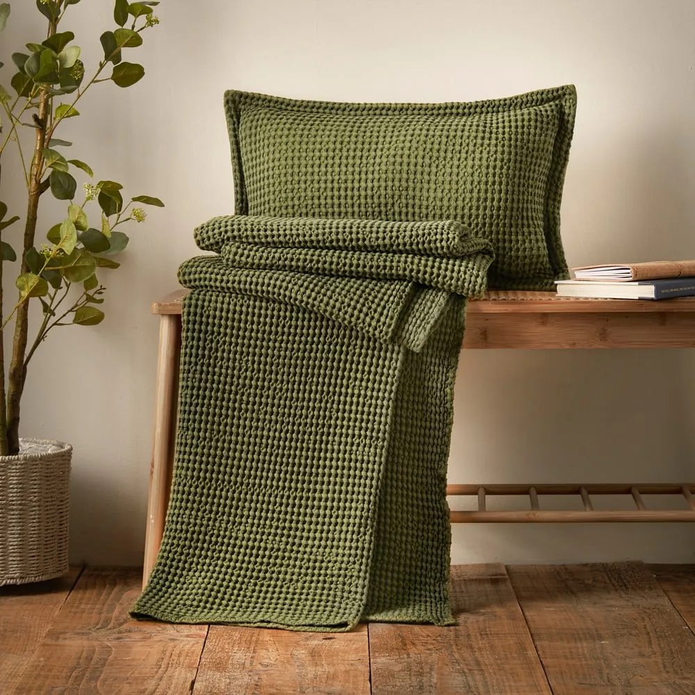 Coperta verde in cotone 150x200 cm Jaipur Chunky Waffle – Pineapple Elephant