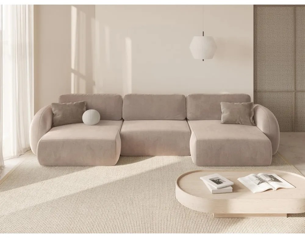 Divano angolare beige allungabile/con contenitore (a U) con rivestimento in velluto Tonale – Cosmopolitan Design