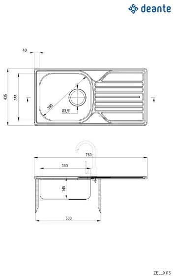 Deante ZEL_0113 - Lavello della cucina LEGATO 43,5x76 cm raso