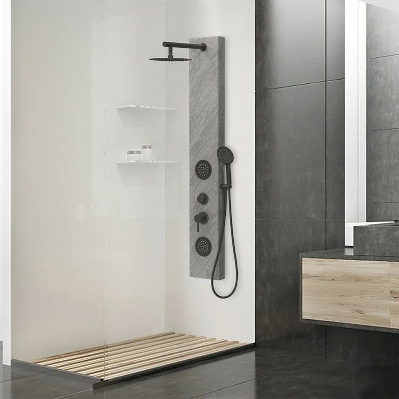 Pannello doccia in acciaio inox effetto pietra con soffione slim nero opaco