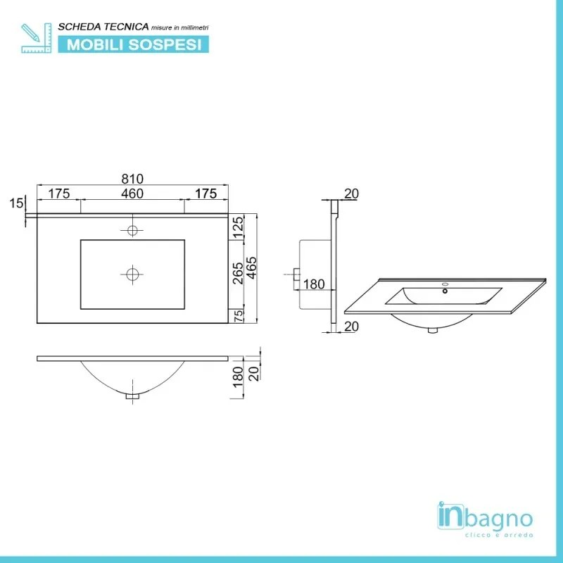 Mobile bagno sospeso rovere grigio 80 cm lavabo e specchiera LED Easy