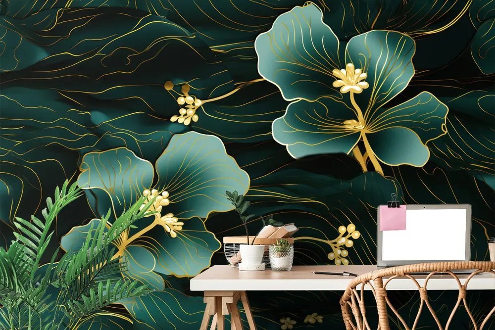 Carta da parati – Fiore verde-oro di lusso
