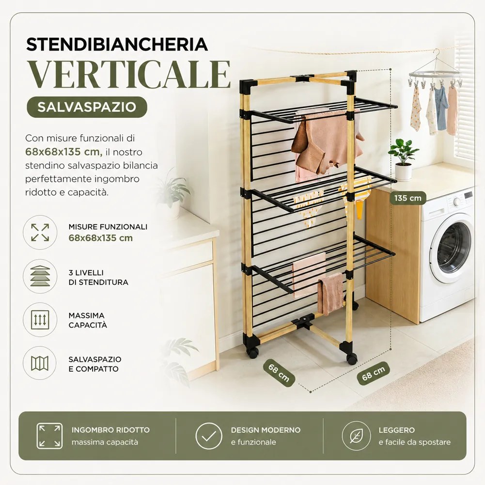 Stendibiancheria a Torre Verticale a 3 Livelli 69x69x136 cm Pieghevole con Ruote Nero e Legno...