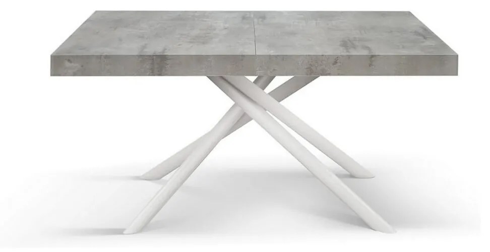 Tavolo CARRARA in legno, finitura grigio cemento e base in metallo verniciato bianco, allungabile 140×90 cm – 220×90 cm