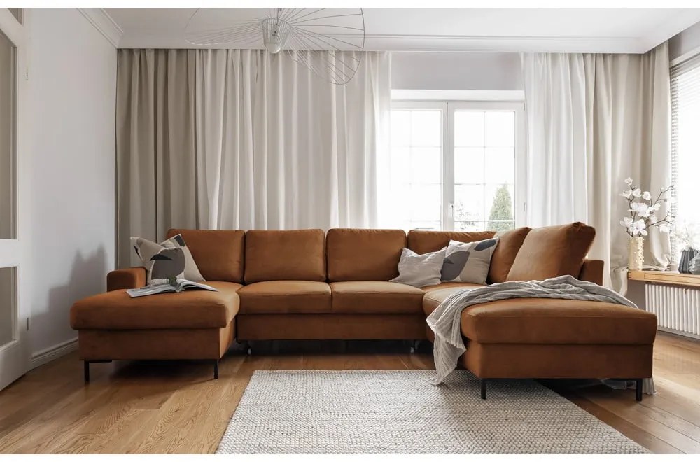 Divano letto in velluto a coste arancio-marrone (angolo destro) Lofty Lilly - Miuform