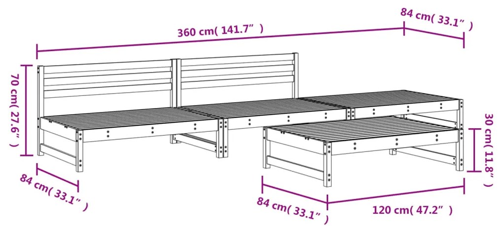 Set Salotto da Giardino 4 pz Nero in Legno Massello di Pino