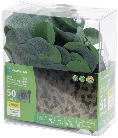 Aigostar - Catena LED solare 50xLED/7m IP65 bianco caldo eucalipto