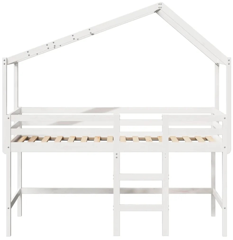 Letto soppalco con scala e tetto bianco 80x200 cm massello pino