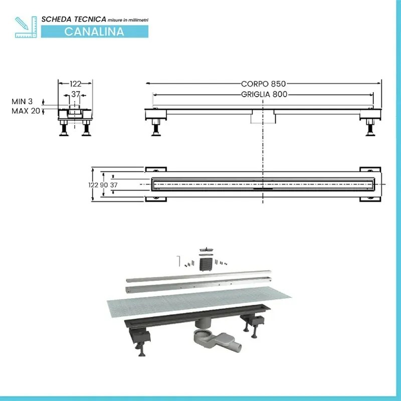 Canalina doccia 80 cm in alluminio reversibile scarico centrale, sifone e piletta inclusi