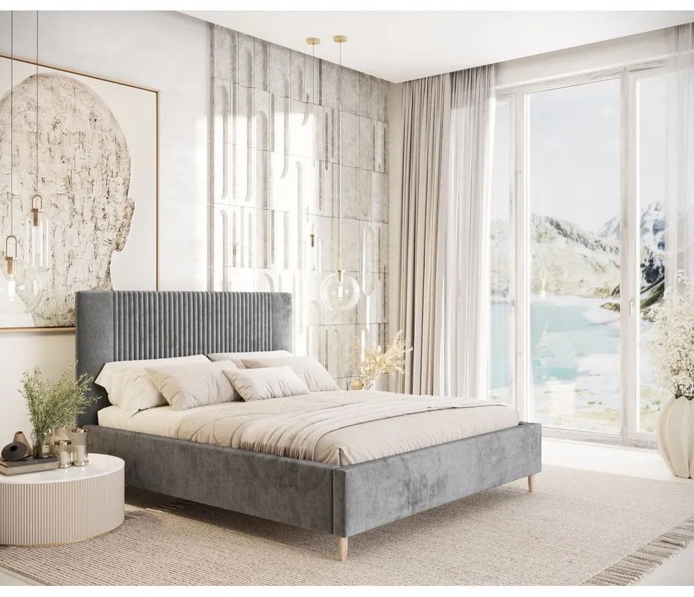 Letto matrimoniale imbottito grigio con contenitore con rete inclusa 160x200 cm Etero – Maison de Rêve