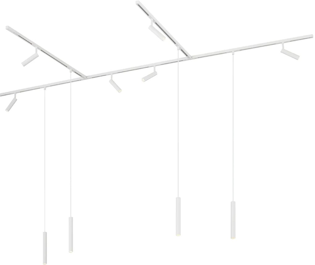 Sistema di illuminazione su binario moderno con 6 faretti e 4 luci a sospensione bianche monofase - Slimline Uzzy Keno