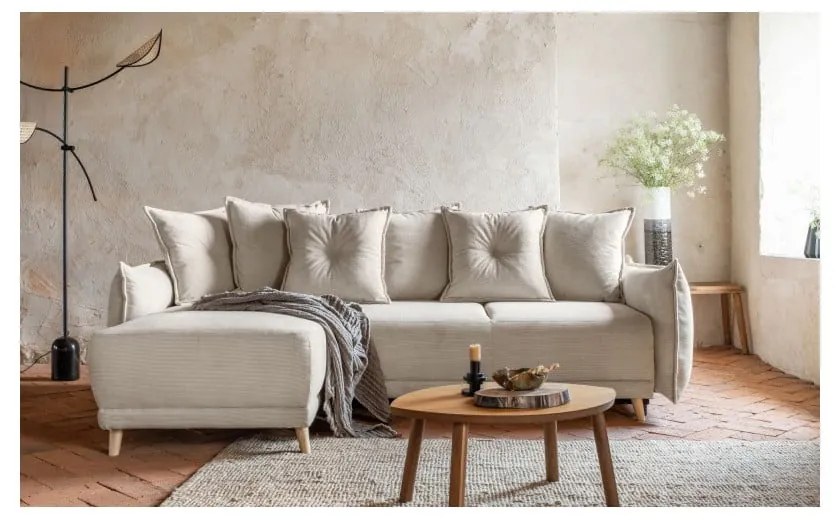 Divano letto angolare in velluto a coste beige (variabile) Lazy Lukka - Miuform
