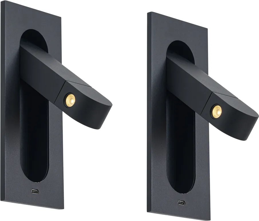 Set di 2 lampade da parete moderne nere con LED e porta USB-C - Hilton