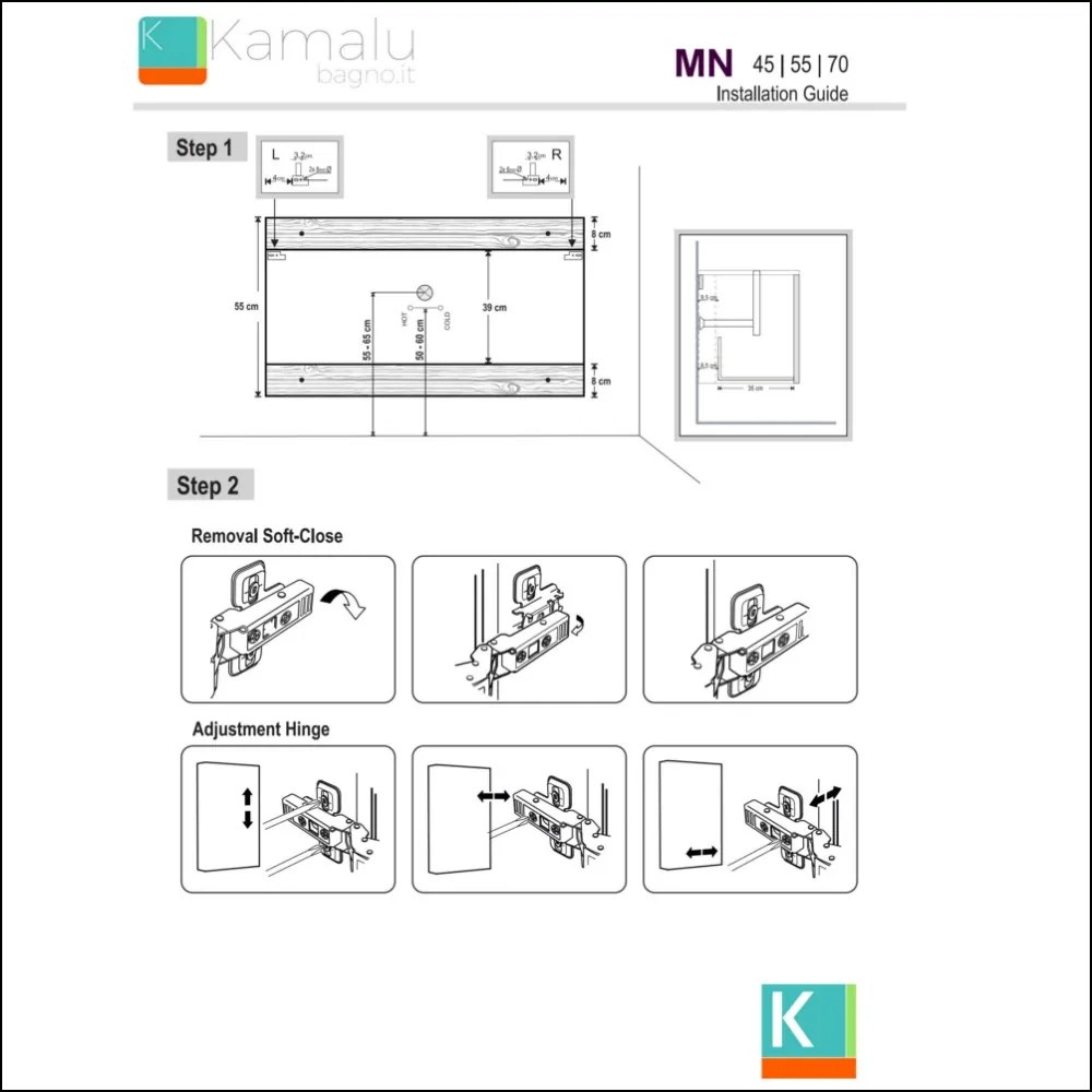 Mobile bagno 55 cm sospeso con un'anta e lavabo incasso MN-55A - KAMALU