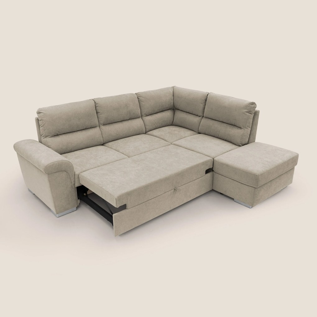 Minerva divano angolare con estraibile a cassettone e pouf contenitore in tessuto morbido impermeabile T02 panna