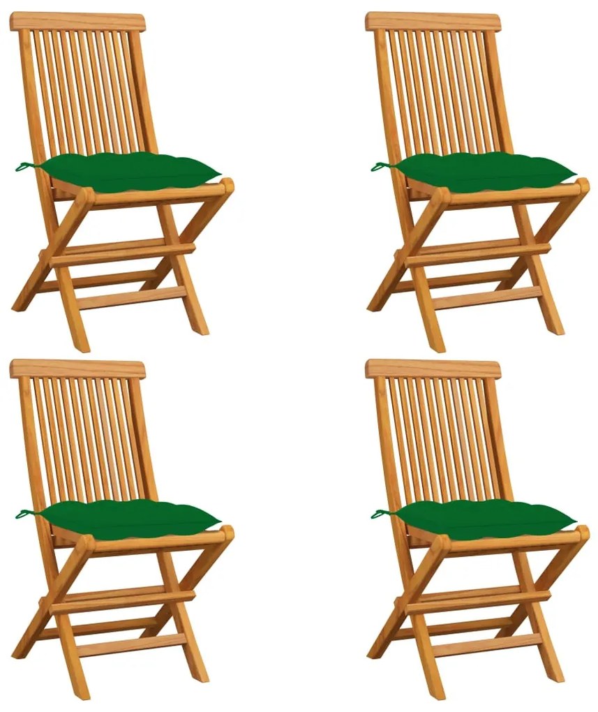 Sedie da giardino con cuscini verdi 4 pz in massello di teak