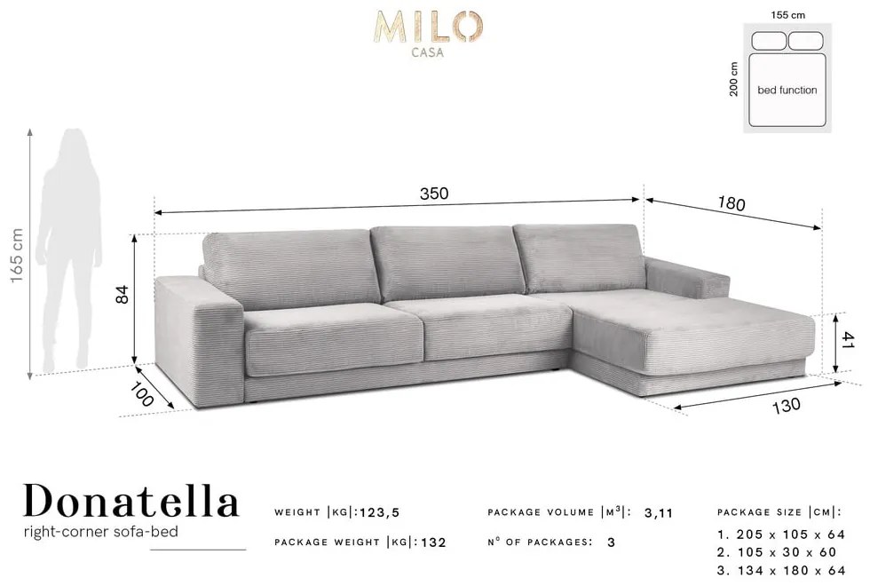 Divano letto in velluto a coste beige, angolo destro Donatella - Milo Casa