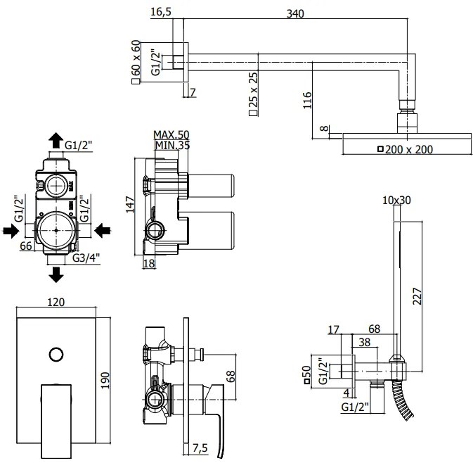 Paffoni Level Kitles015 Kit Doccia con miscelatore soffione quadro 20x20 e doccetta con supporto Cromo