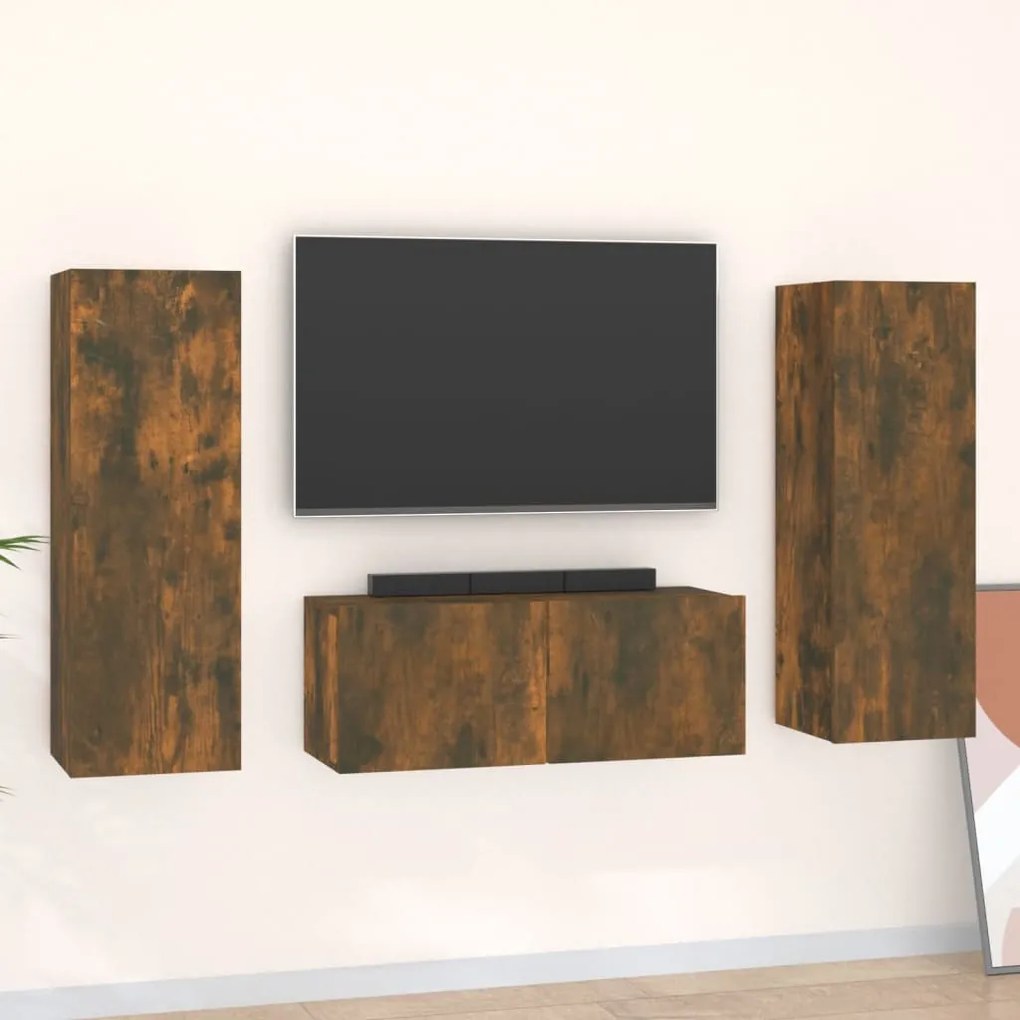Set Mobili Porta Tv 3 Pz Rovere Fumo İn Legno Multistrato /