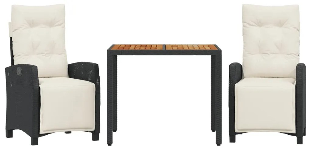 Set da pranzo da giardino 3 pz con cuscini nero in polyrattan