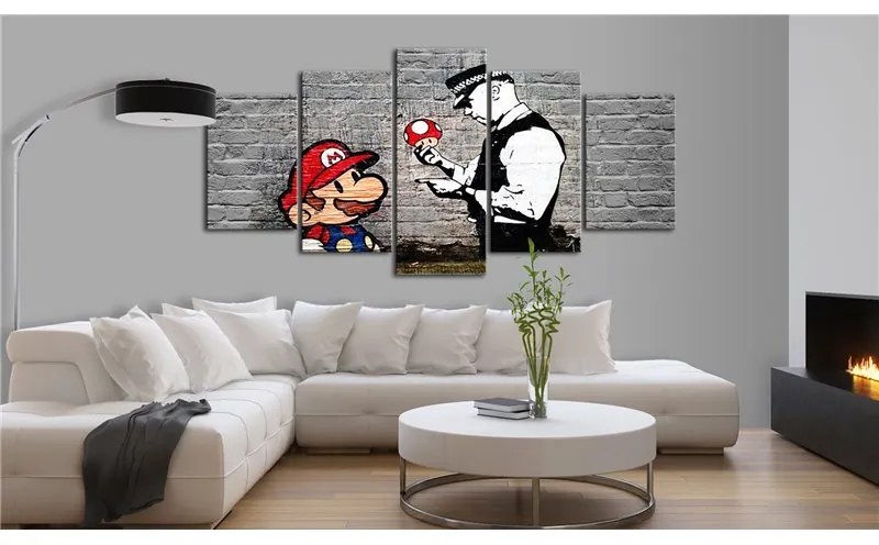 Quadro Super Mario Mushroom Cop (Banksy)  Colore Grigio, Dimensioni e Misure 100x50