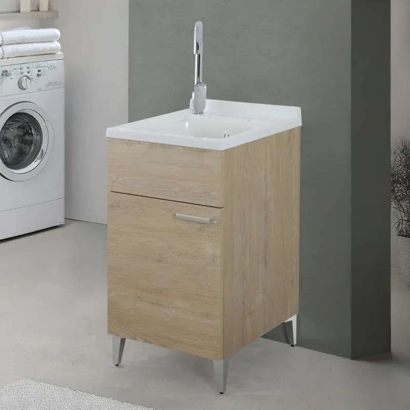 Mobile lavatoio 45x50 cm rovere con vasca in resina e asse lavapanni