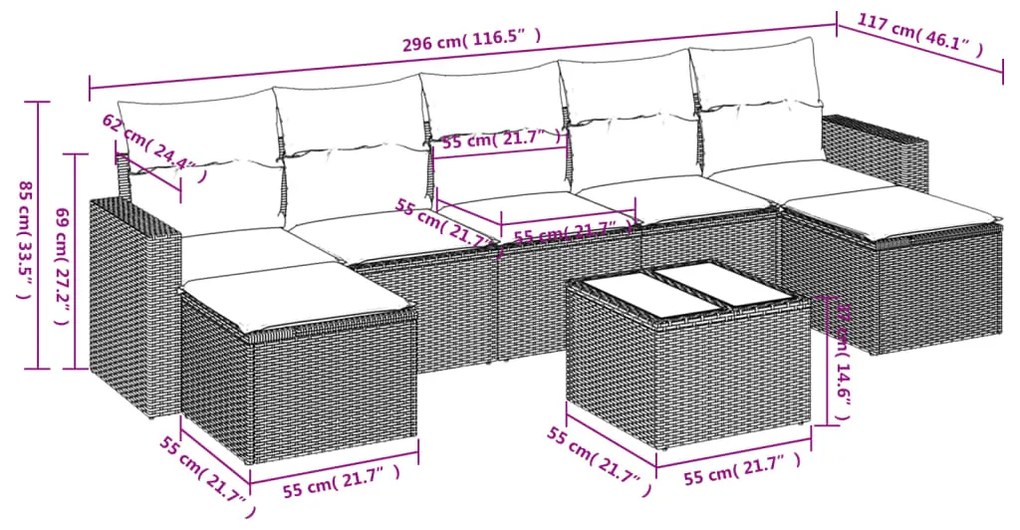 Set divano da giardino 8pz con cuscini grigio chiaro polyrattan