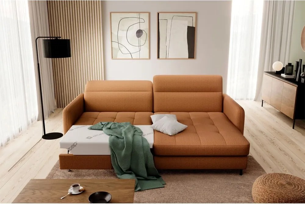 Divano angolare giallo allungabile/con contenitore (con penisola a destra/con chaise lounge) e rivestimento in velluto Gomsi – ELTAP