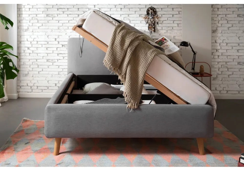 Letto matrimoniale imbottito grigio con contenitore con rete inclusa 140x200 cm Mattis – Meise Möbel