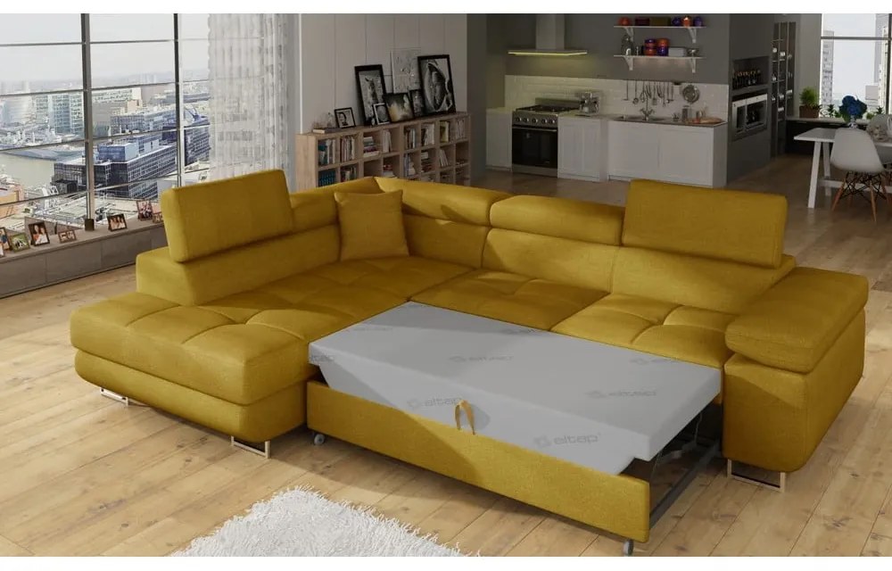 Divano angolare giallo allungabile/con contenitore (con penisola a sinistra/a L) Anton – ELTAP