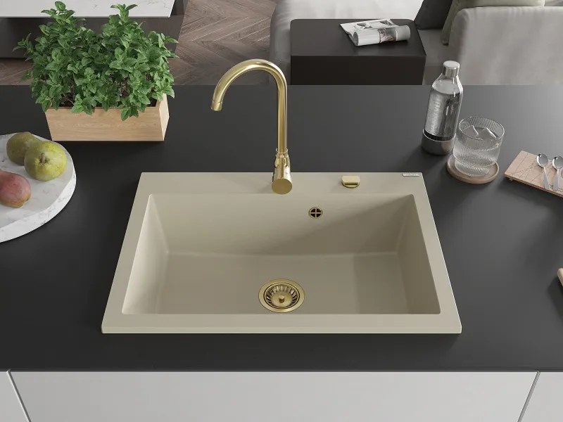 Mexen Elix lavello da cucina in granito 1-vasca 700 x 500 mm, beige, sifone dorato - 6526701005-69-G