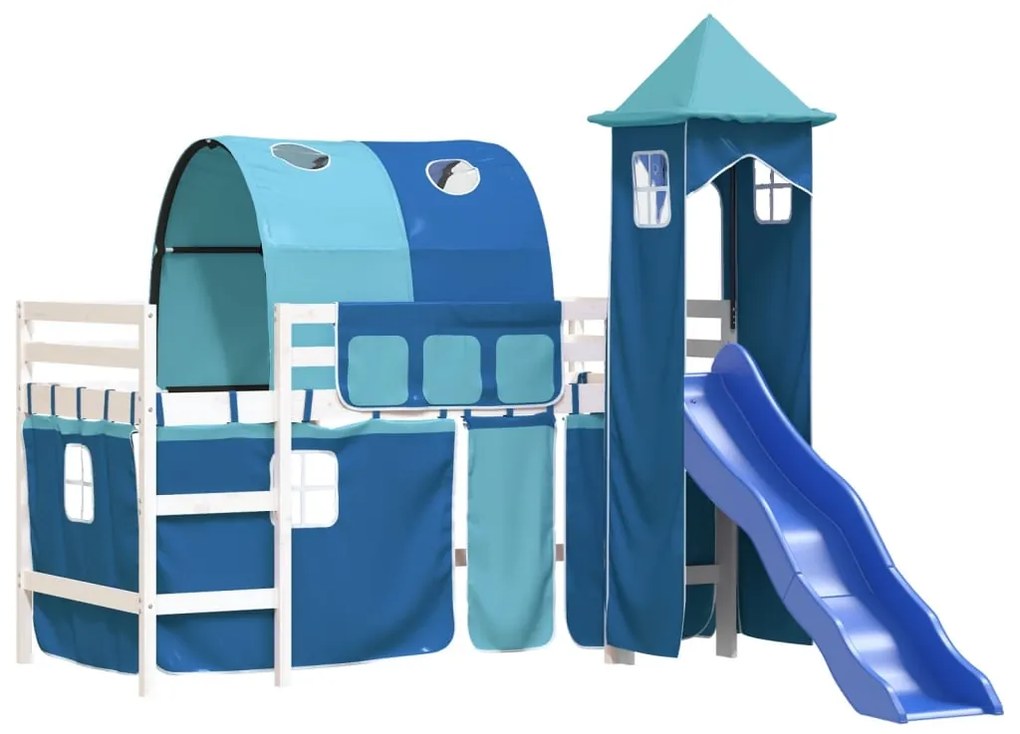 Letto a soppalco con torre bambini blu 80x200cm massello pino