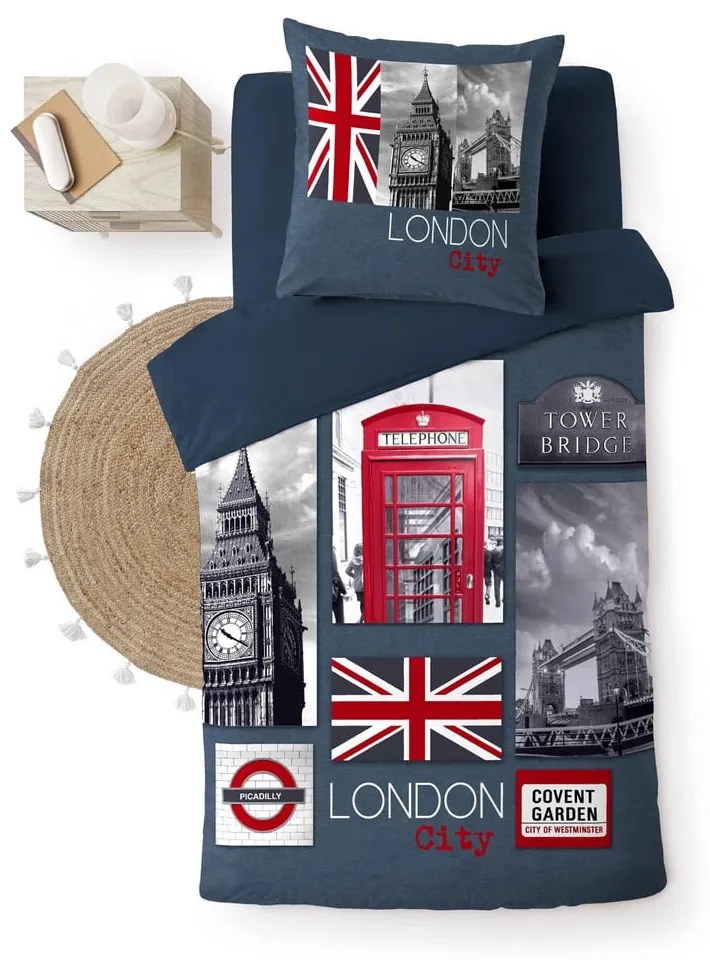 Set copripiumino e federa blu scuro in cotone per letto singolo 140x200 cm City London – douceur d'intérieur