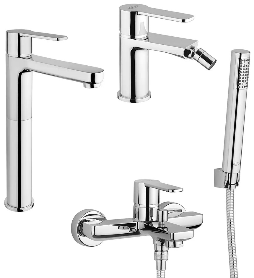 Set miscelatori lavabo alto + bidet + gruppo vasca Jacuzzi rubinetteria Eolo ottone cromato per piletta clic clac