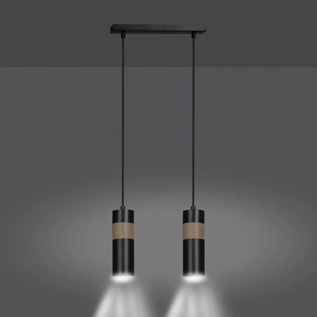 Lampadario 2 Luci Akari In Acciaio Nero A Cilindro Con Legno Naturale