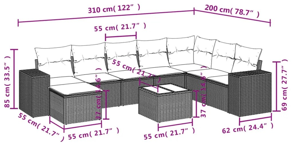 Set divano da giardino 9 pz con cuscini grigio in polyrattan