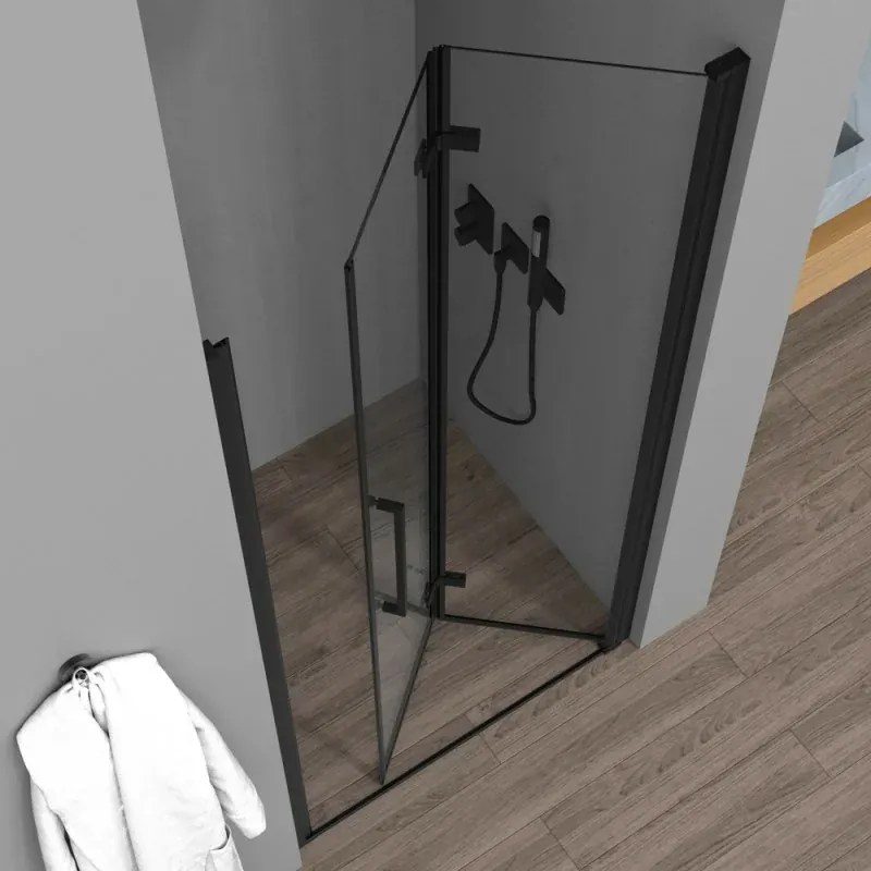 Porta doccia a soffietto per nicchia 85cm in vetro temperato trasparente con profili nero opaco Neos