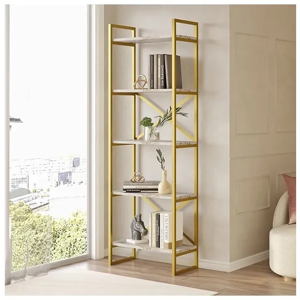 Libreria Oro 58x30x175 Cm 5 Ripiani Effetto Marmo Decus