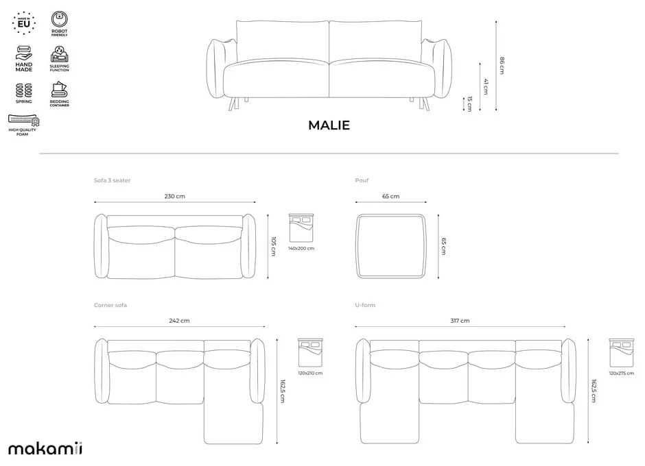 Divano grigio chiaro 230 cm Malie – Makamii