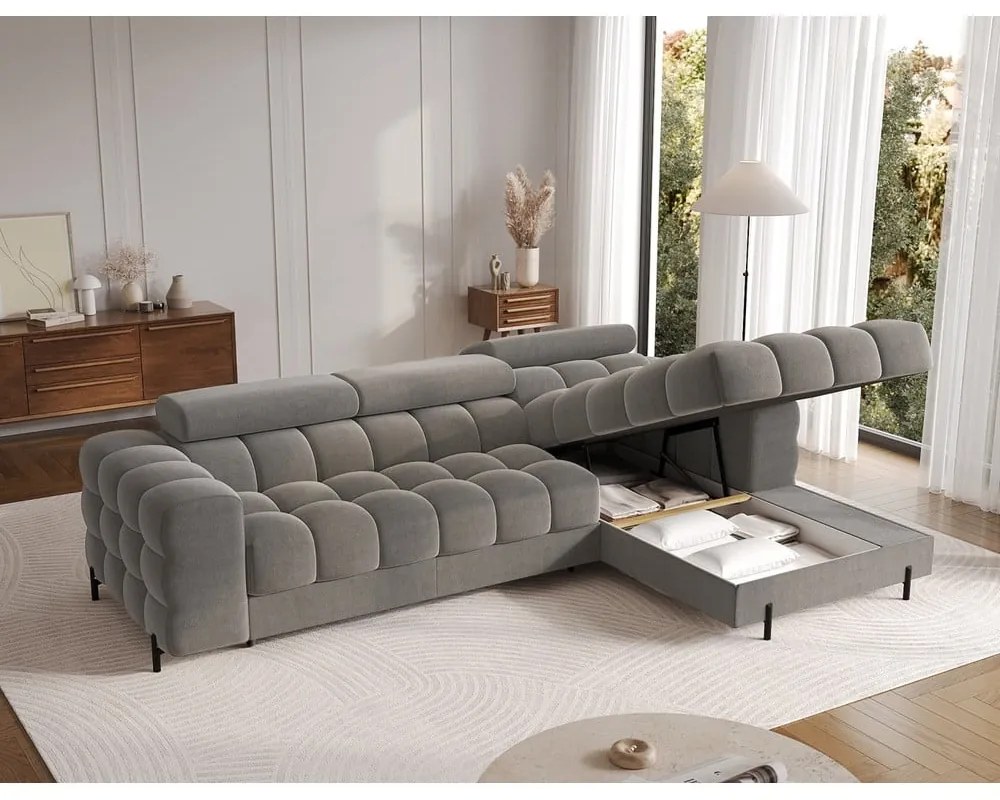 Divano angolare grigio tortora allungabile/con contenitore (con penisola a destra/con chaise lounge) con rivestimento in velluto Felro – ELTAP