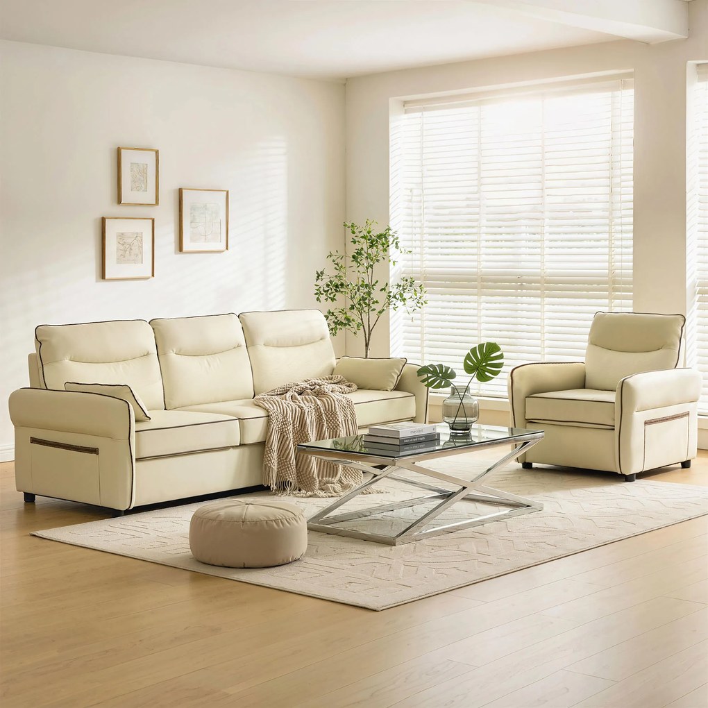 Divano 3 Posti 190x83x90 cm con Imbottitura Spessa Tasca Laterale e 2 Cuscini in Finta Pelle Beige...
