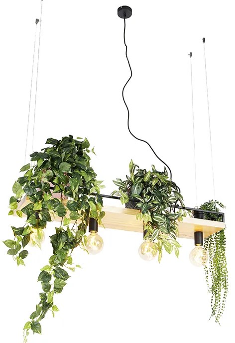 Lampada a sospensione intelligente nera con legno 4 luci incl. Wifi G95 - Shelf