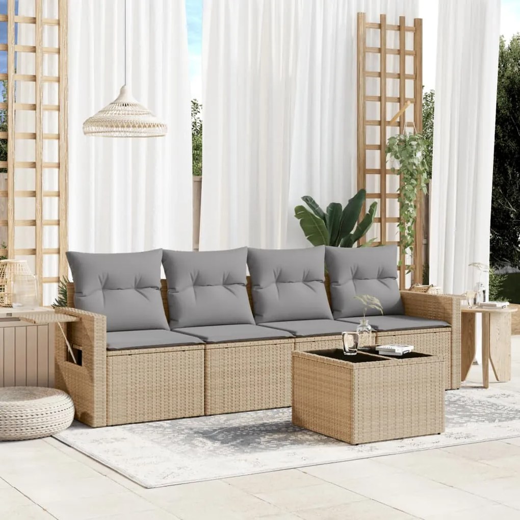 Set Divano da Giardino 5 pz con Cuscini Beige in Polyrattan