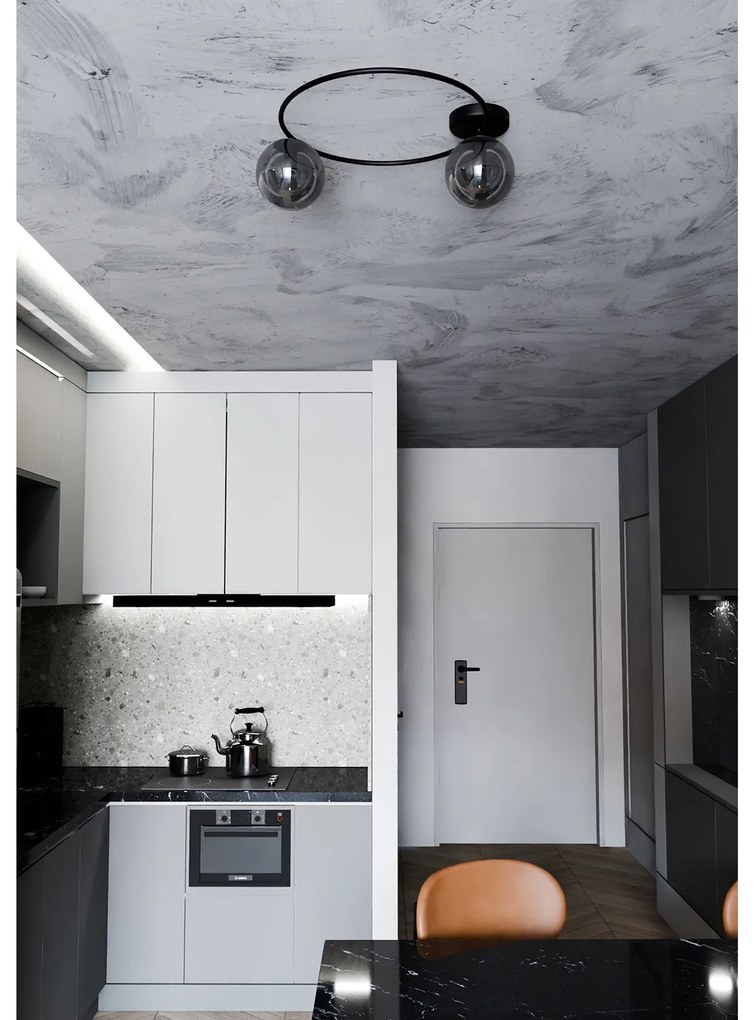 Plafoniera Minimal 2 Luci Perseo In Acciaio Nero E Sfere In Vetro Fumè