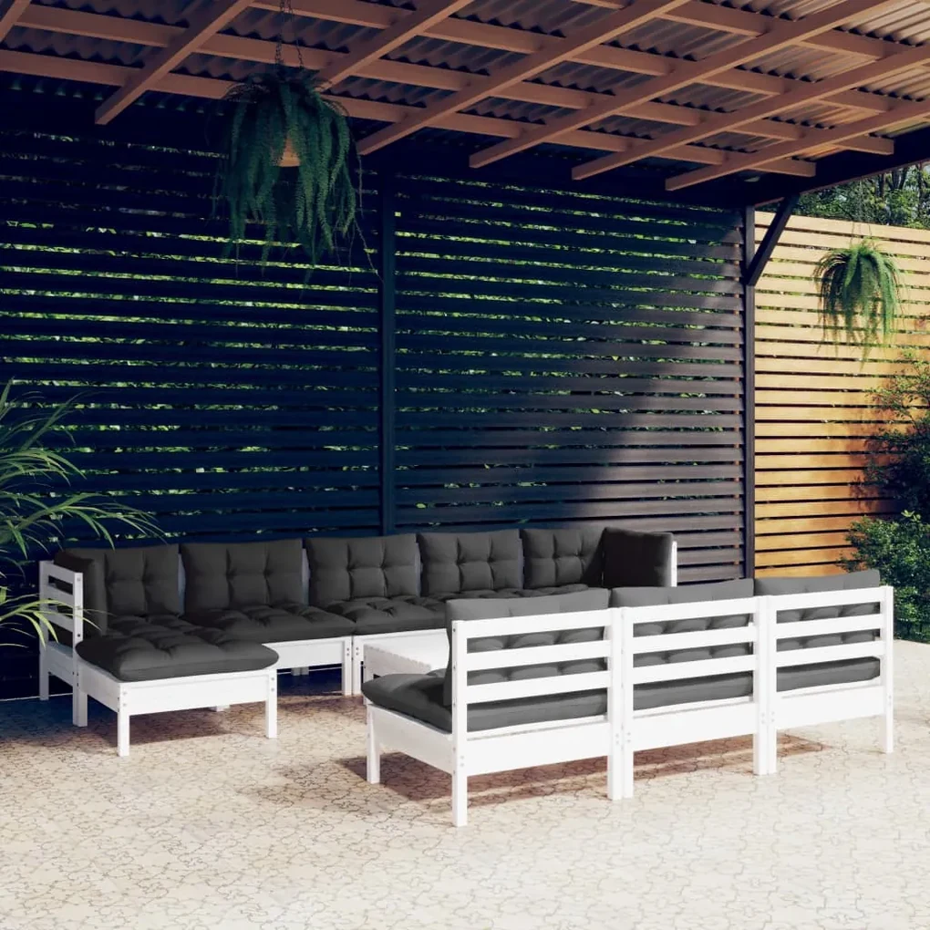 Set divani da giardino 11 pz con cuscini bianchi legno di pino